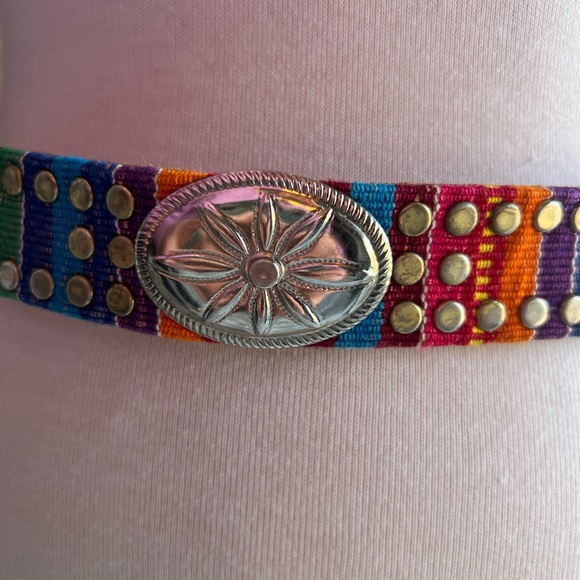 Vintage Leather Colorful Boho Embroidered Belt with Buckle and Rivet Detail - Picture 5 of 8